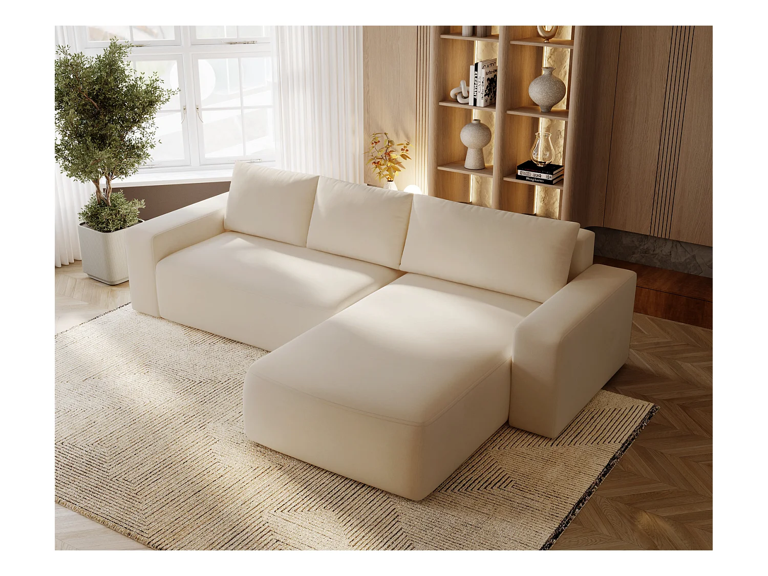 Emporius Aldo L Droit Canapé d'angle Convertible avec Coffre de Rangement - Canapé 3 Places 250x165 cm, Canapé Lit Beige (Komodo 11)