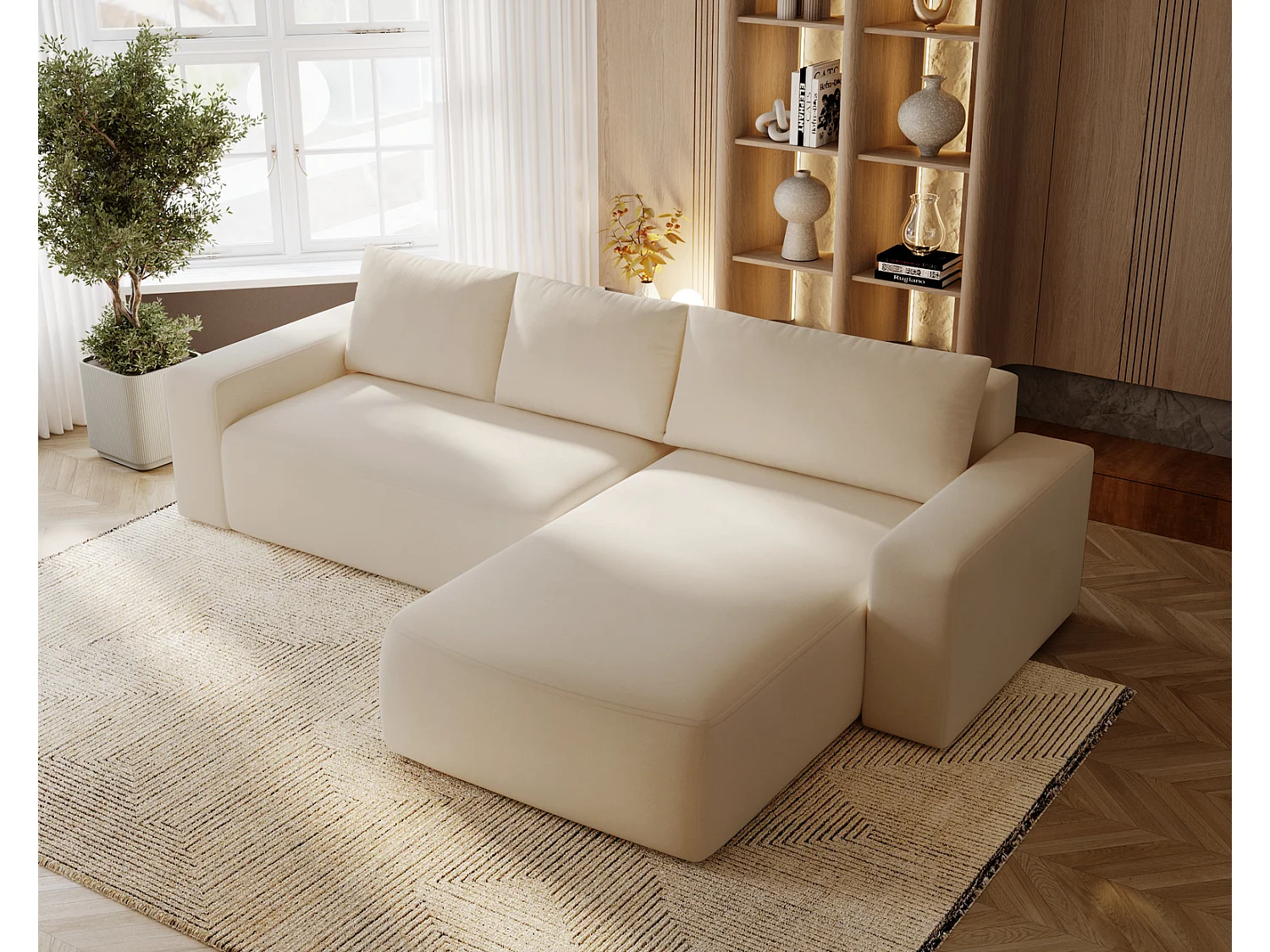 Emporius Aldo L rechts Hoekbank met slaapfunctie en bedlade, Sofa 250x165 cm - woonkamerbank beige (Komodo 11)