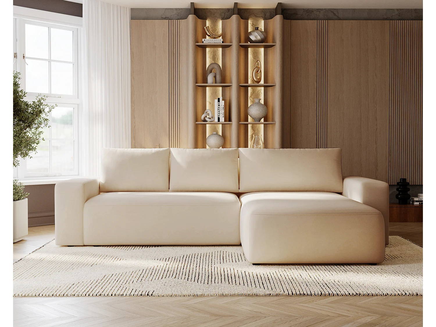 Emporius Aldo L narożnik do salonu - sofa z funkcją spania i pojemnikiem - nowoczesny styl, prawostronny, tkanina aksamitna, beżowy (Komodo 11)