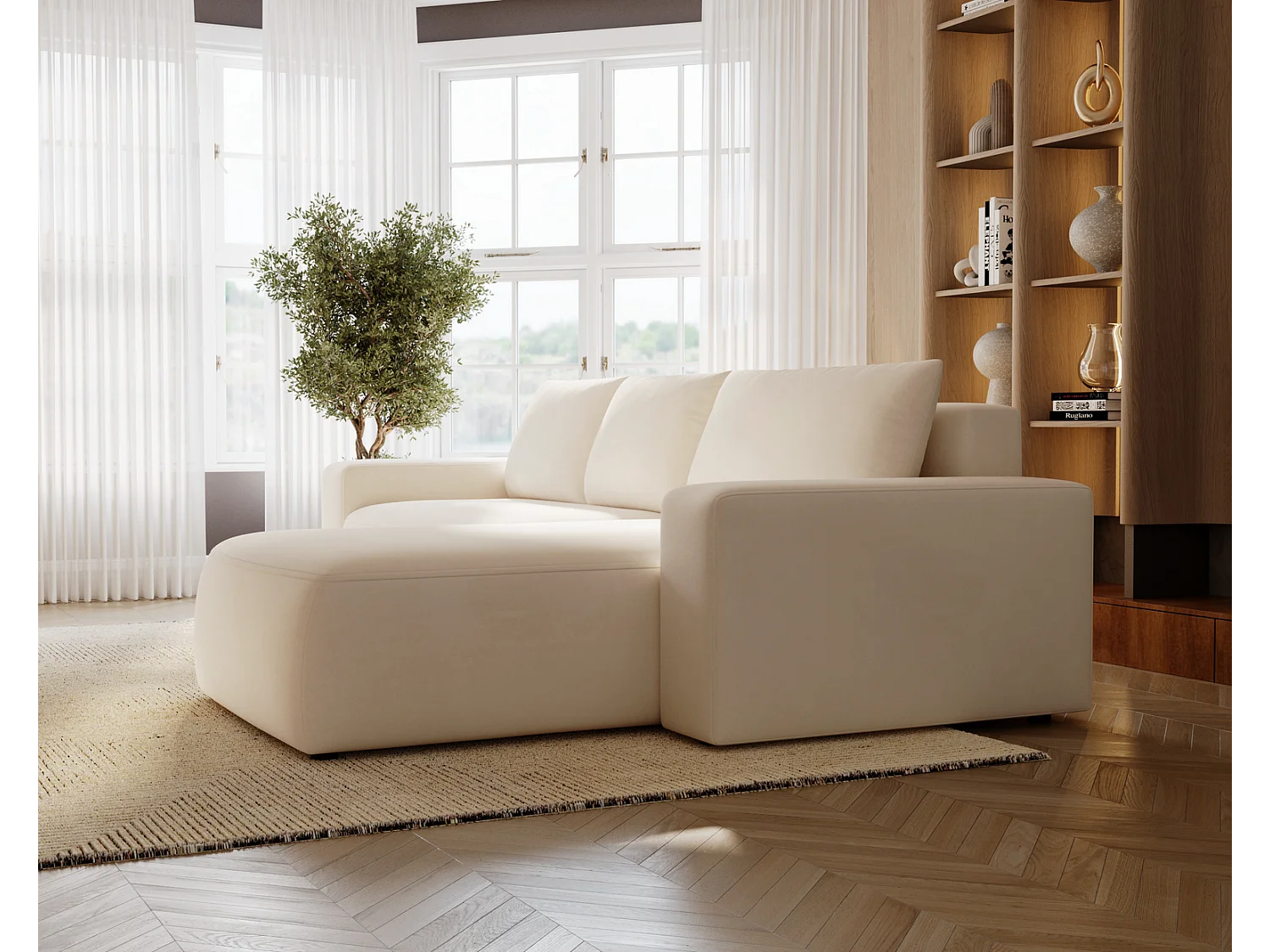 Emporius Aldo L narożnik do salonu - sofa z funkcją spania i pojemnikiem - nowoczesny styl, prawostronny, tkanina aksamitna, beżowy (Komodo 11)