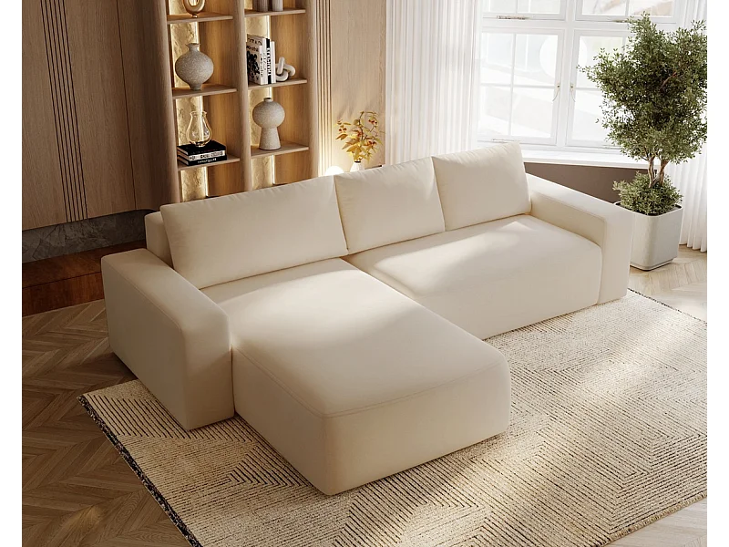 Emporius Aldo L narożnik do salonu - sofa z funkcją spania i pojemnikiem - nowoczesny styl, lewostronny, tkanina aksamitna, beżowy (Komodo 11)