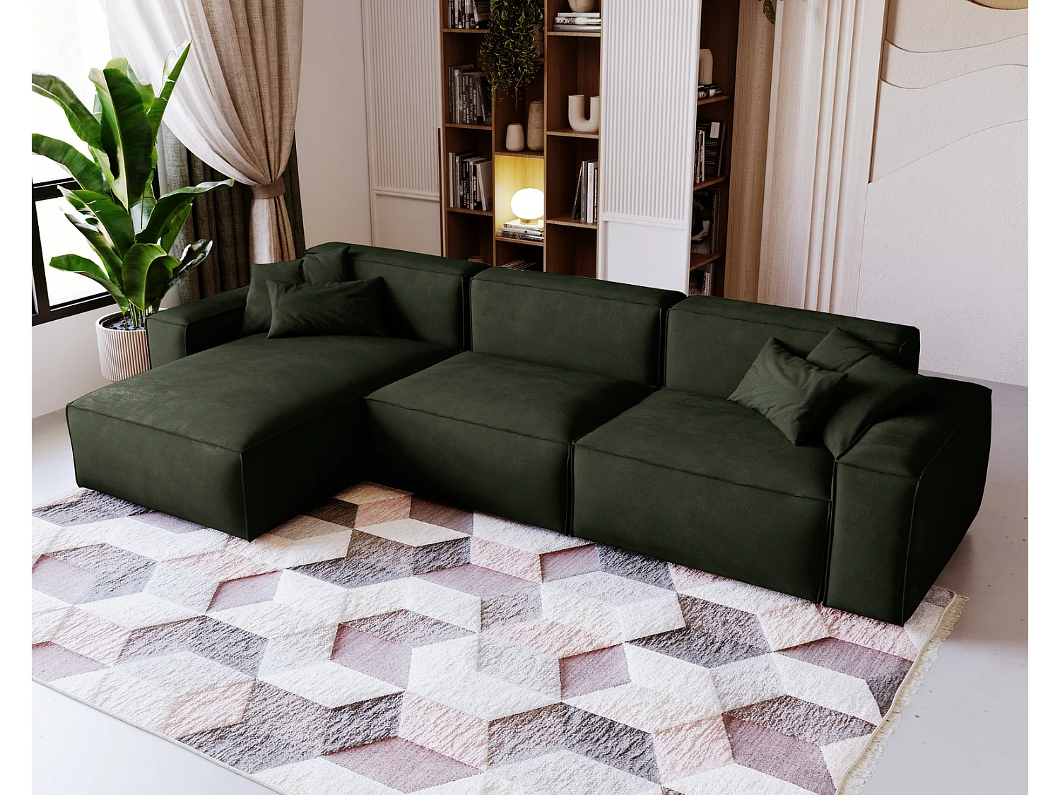Emporius Figo Gauche Canapé d'angle en Velours, Design, Modern - Canapé d'angle 265x180 cm Vert (Whisper 11)