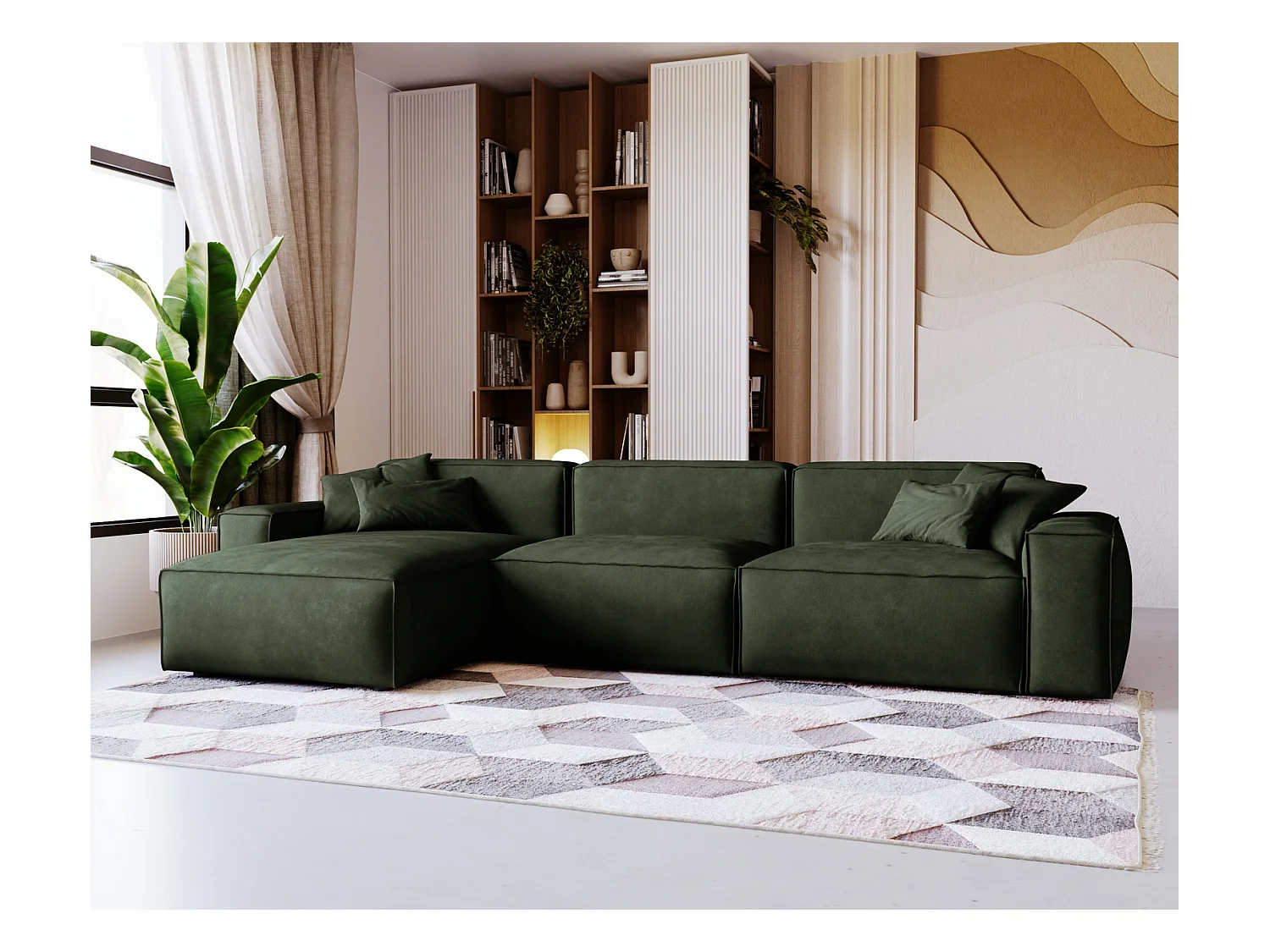 Emporius Figo Gauche Canapé d'angle en Velours, Design, Modern - Canapé d'angle 265x180 cm Vert (Whisper 11)