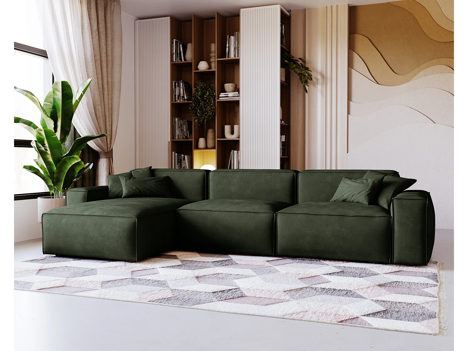 Emporius Figo Gauche Canapé d'angle en Velours, Design, Modern - Canapé d'angle 265x180 cm Vert (Whisper 11)