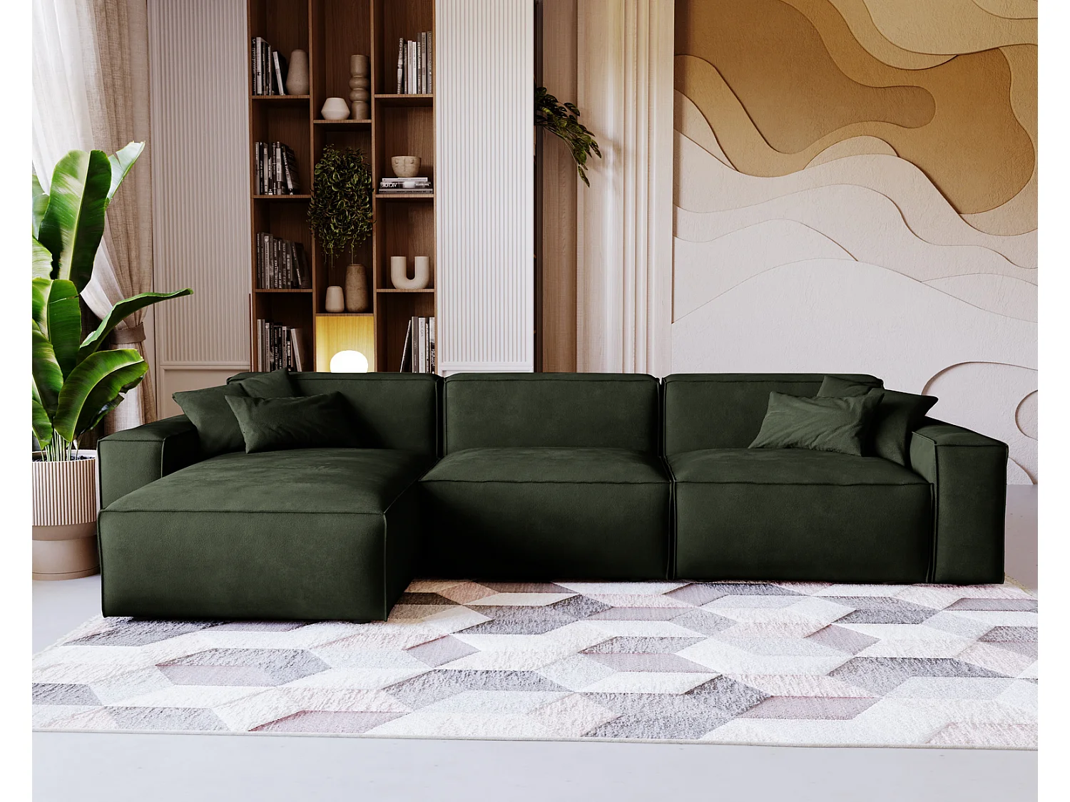 Emporius Figo Gauche Canapé d'angle en Velours, Design, Modern - Canapé d'angle 265x180 cm Vert (Whisper 11)