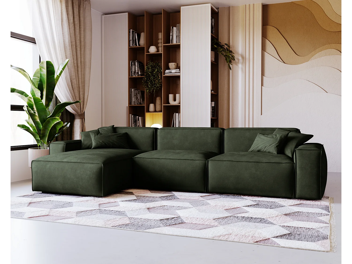 Emporius Figo Gauche Canapé d'angle en Velours, Design, Modern - Canapé d'angle 265x180 cm Vert (Whisper 11)