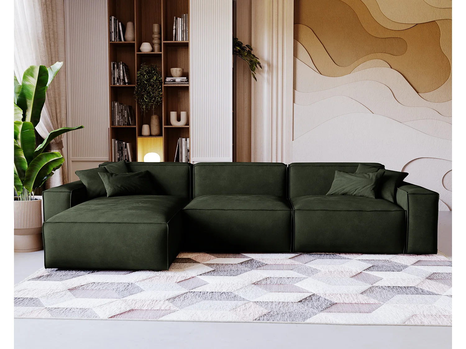 Emporius Figo Gauche Canapé d'angle en Velours, Design, Modern - Canapé d'angle 265x180 cm Vert (Whisper 11)
