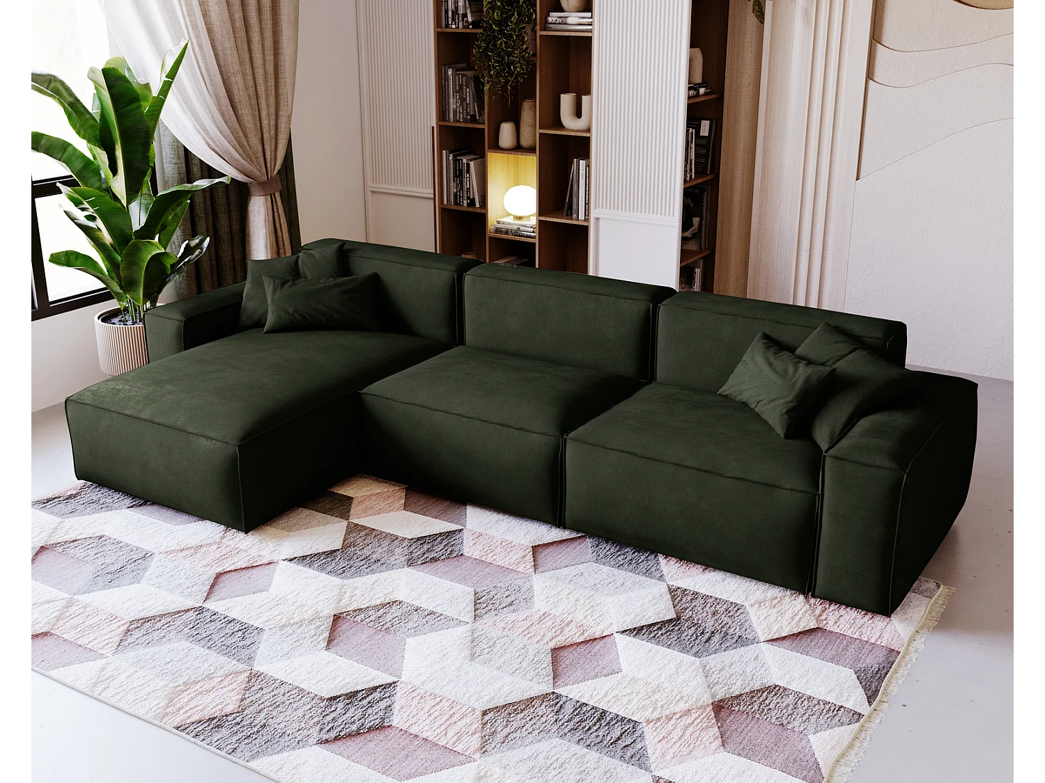 Emporius Figo Gauche Canapé d'angle en Velours, Design, Modern - Canapé d'angle 265x180 cm Vert (Whisper 11)