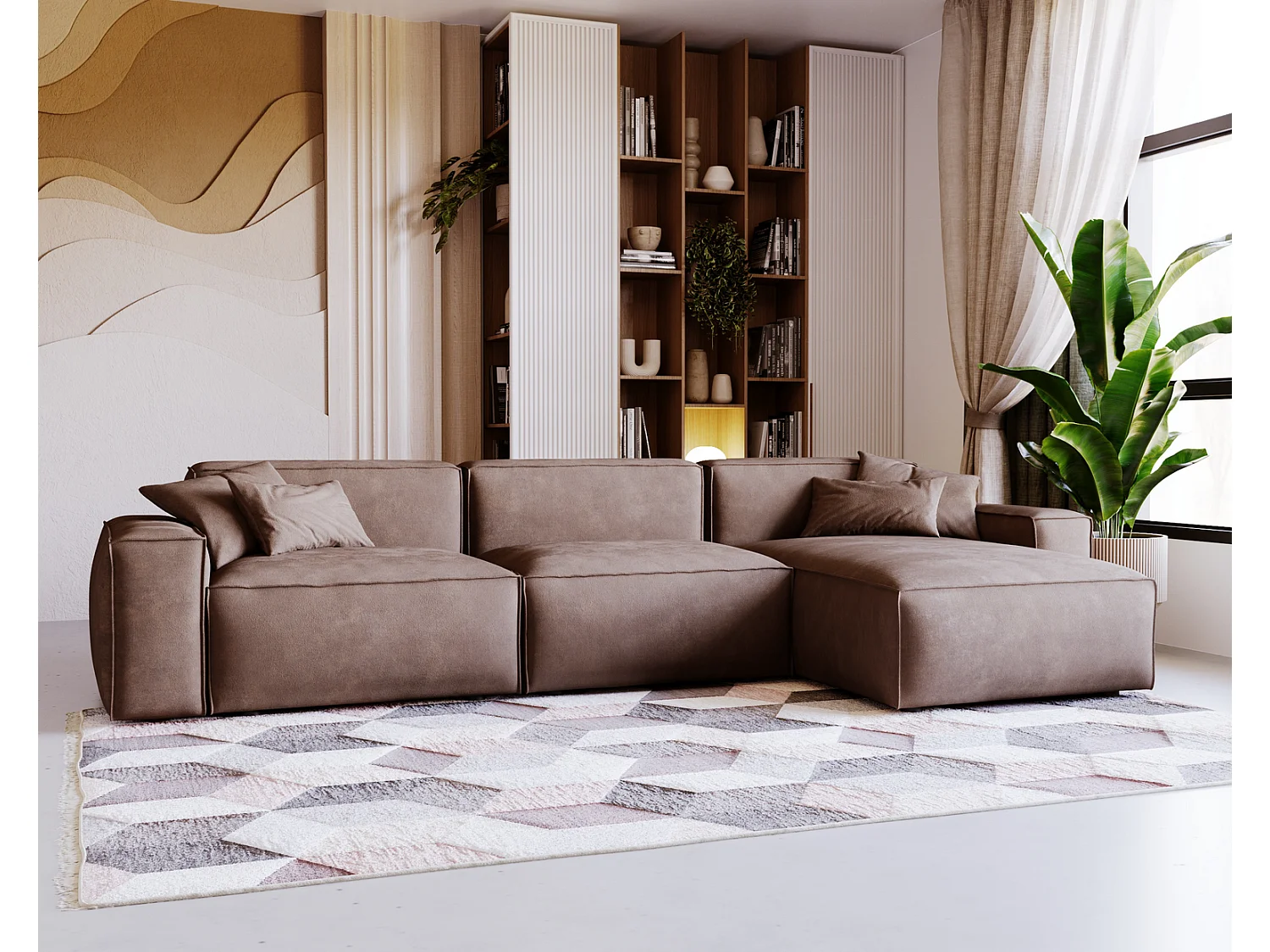 Emporius Figo Droit Canapé d'angle en Velours, Design, Modern - Canapé d'angle 265x180 cm Brun (Whisper 5)