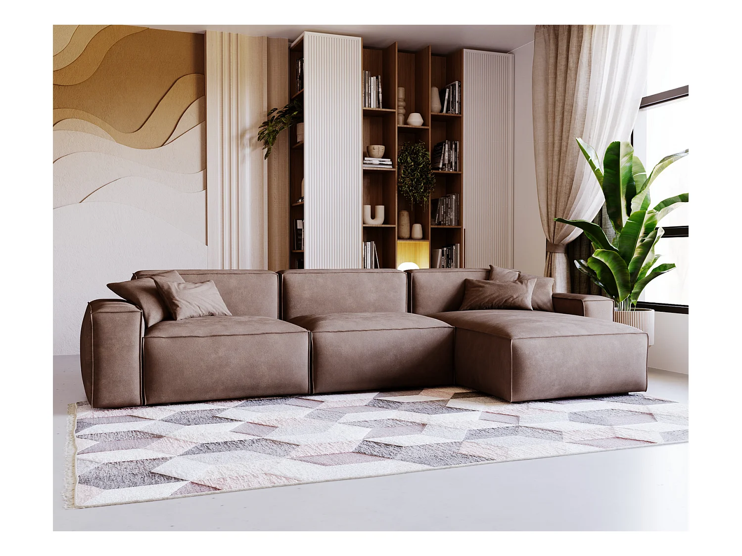 Emporius Figo Droit Canapé d'angle en Velours, Design, Modern - Canapé d'angle 265x180 cm Brun (Whisper 5)