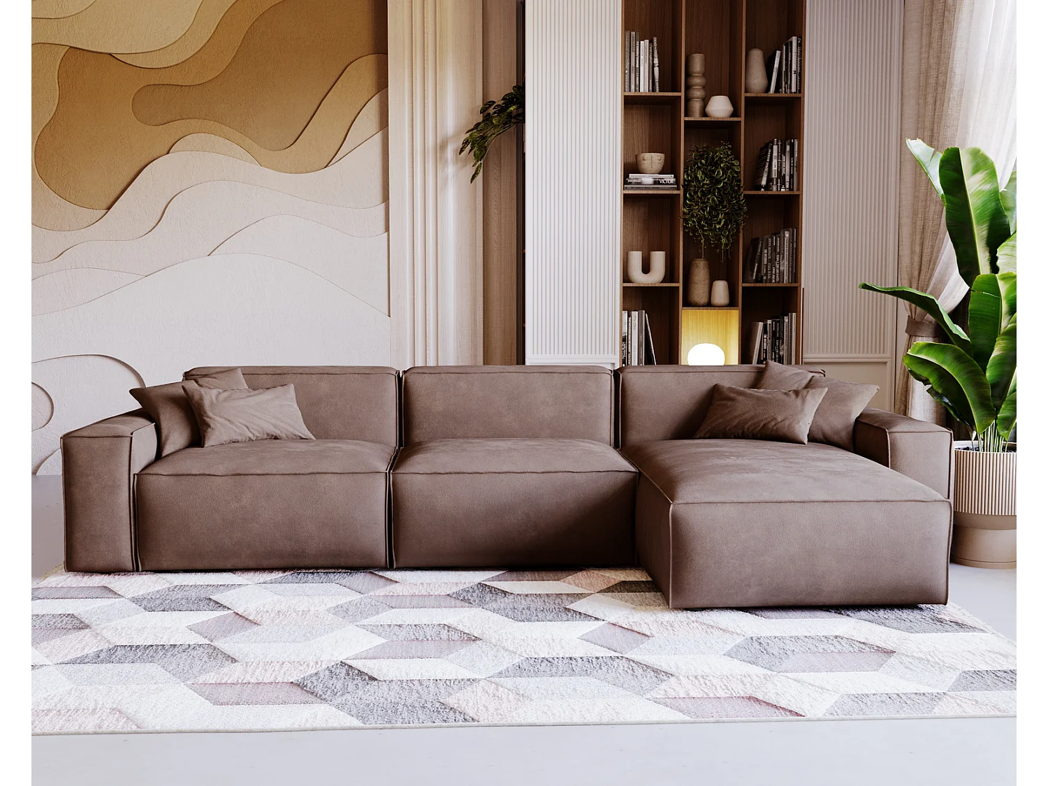 Emporius Figo Droit Canapé d'angle en Velours, Design, Modern - Canapé d'angle 265x180 cm Brun (Whisper 5)