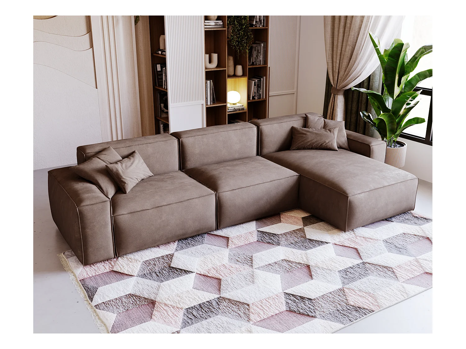 Emporius Figo Droit Canapé d'angle en Velours, Design, Modern - Canapé d'angle 265x180 cm Brun (Whisper 5)