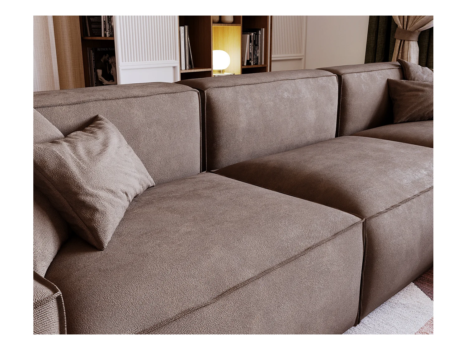 Emporius Figo Droit Canapé d'angle en Velours, Design, Modern - Canapé d'angle 265x180 cm Brun (Whisper 5)