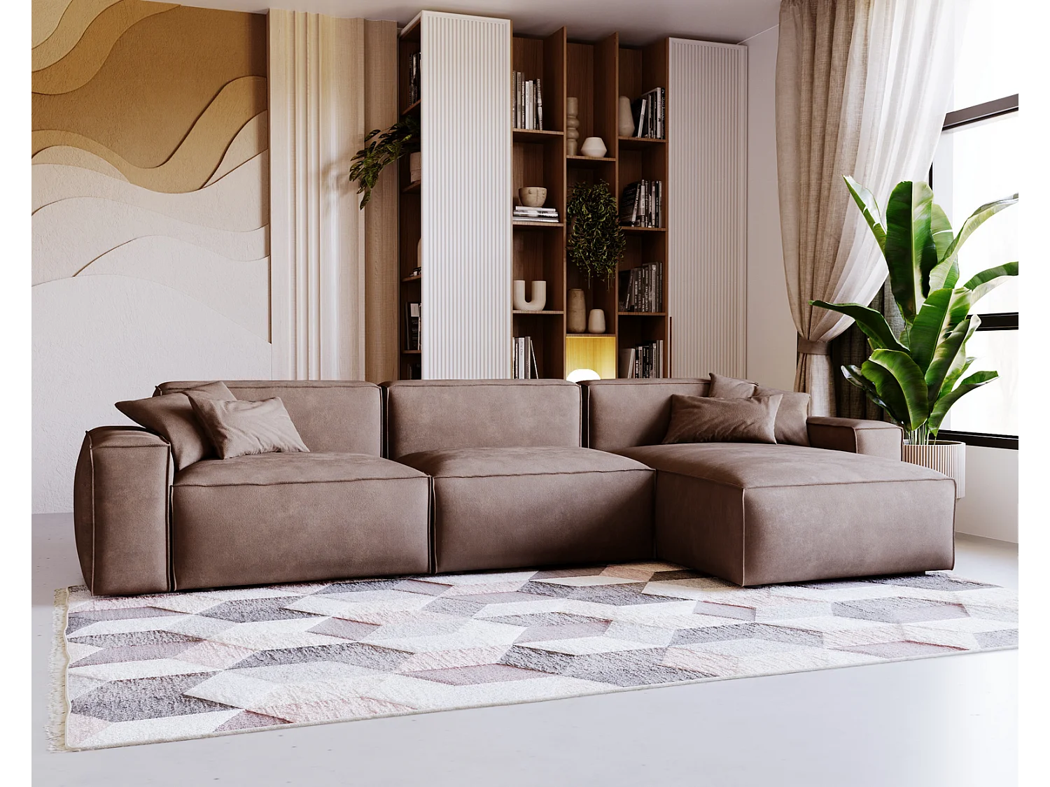 Emporius Figo Droit Canapé d'angle en Velours, Design, Modern - Canapé d'angle 265x180 cm Brun (Whisper 5)