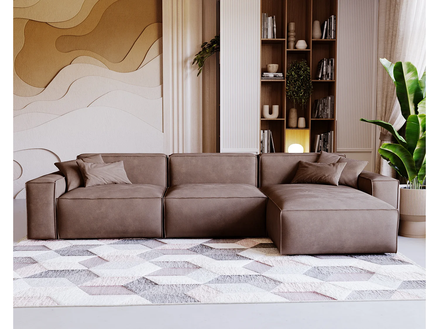 Emporius Figo Droit Canapé d'angle en Velours, Design, Modern - Canapé d'angle 265x180 cm Brun (Whisper 5)