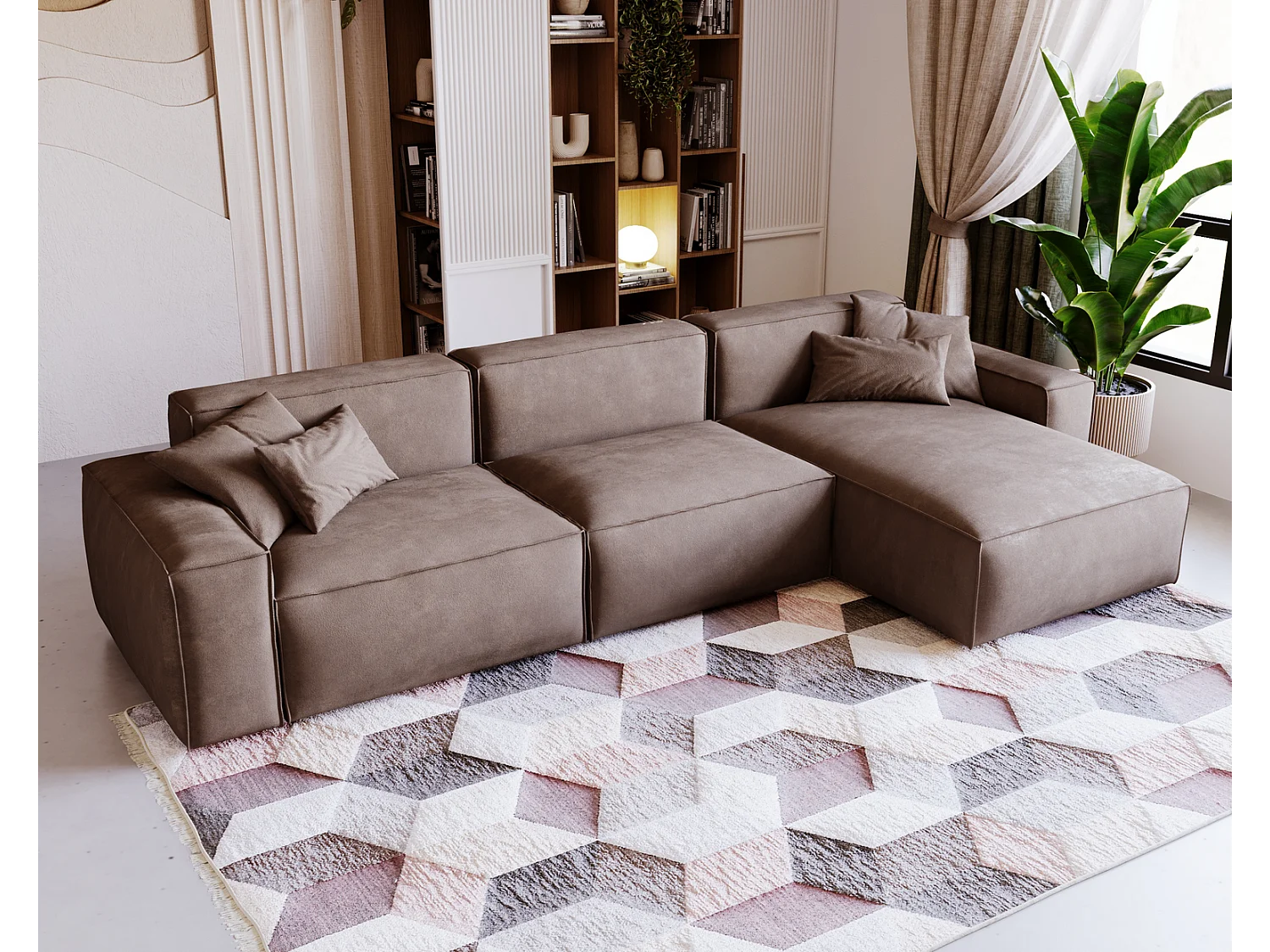 Emporius Figo Droit Canapé d'angle en Velours, Design, Modern - Canapé d'angle 265x180 cm Brun (Whisper 5)