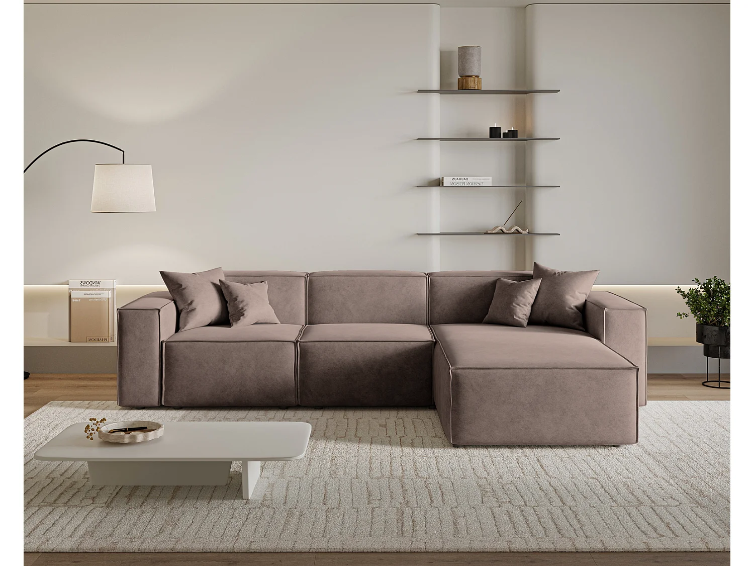 Canapé d'angle Figo, 265x180 cm, design moderne, droit, brun