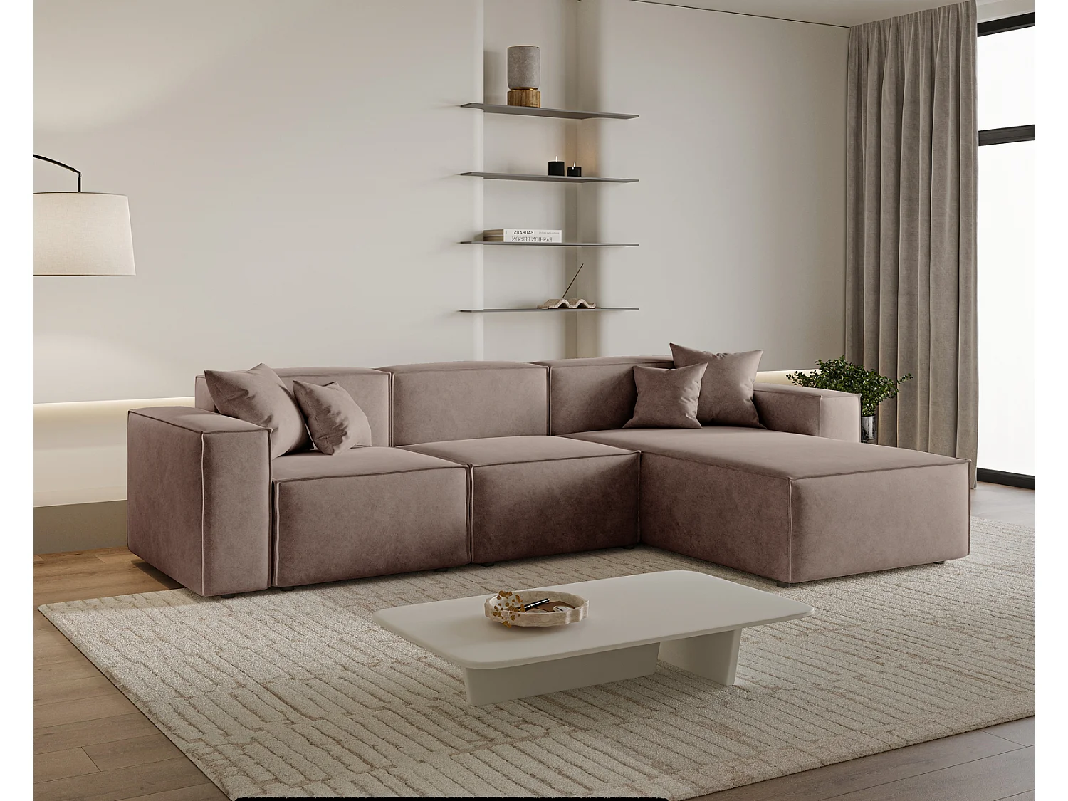 Canapé d'angle Figo, 265x180 cm, design moderne, droit, brun