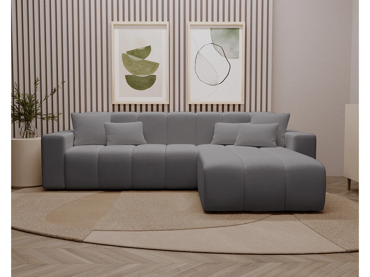 Emporius Miral narożnik w kształcie L - sofa do salonu bez funkcji spania i bez pojemnika - nowoczesny styl, prawostronny, tkanina aksamitna, szary (Komodo 21)