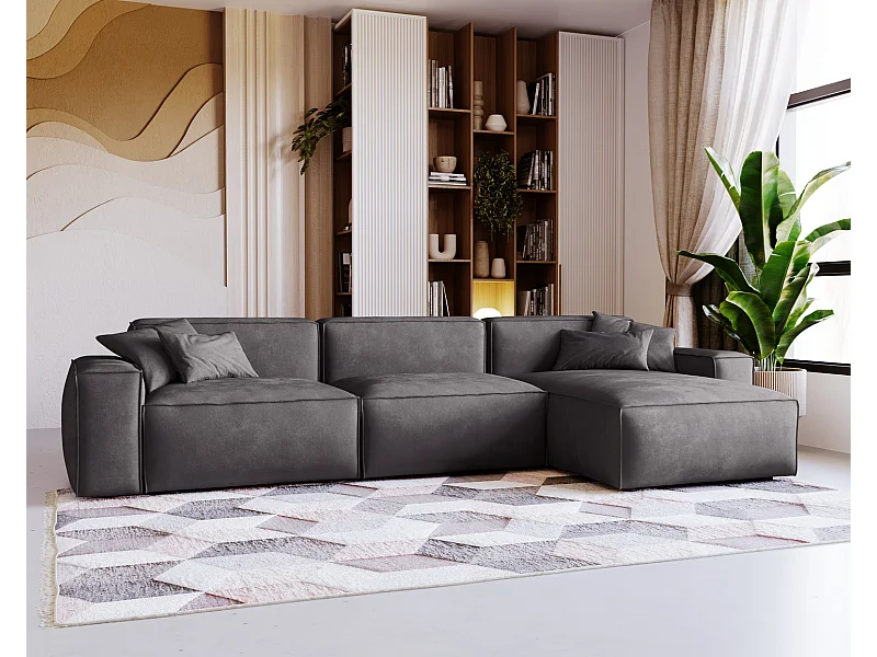 Emporius Figo Droit Canapé d'angle en Velours, Design, Modern - Canapé d'angle 265x180 cm Gris foncé (Whisper 15)