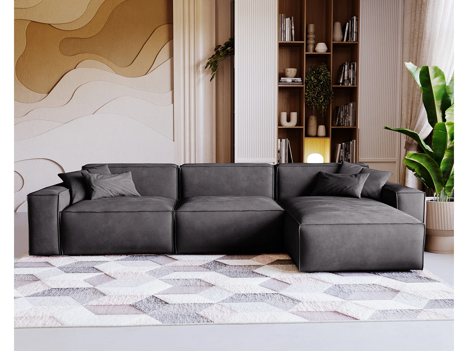 Emporius Figo Droit Canapé d'angle en Velours, Design, Modern - Canapé d'angle 265x180 cm Gris foncé (Whisper 15)