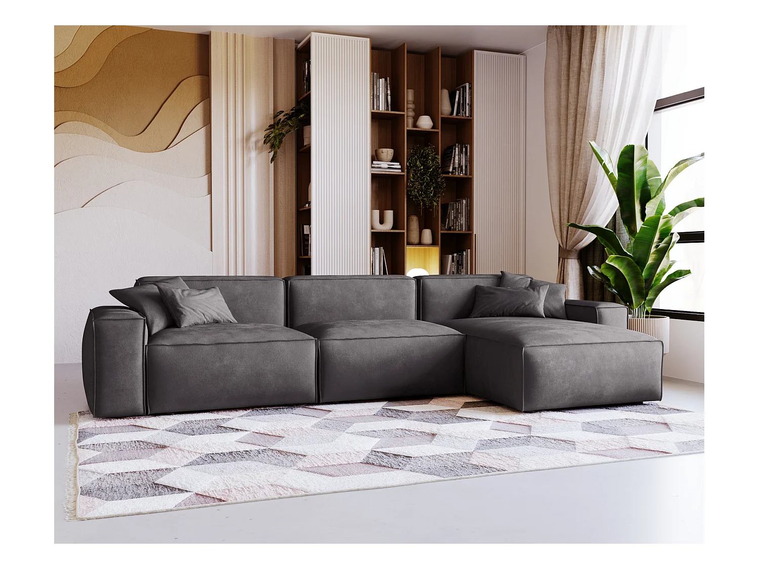 Emporius Figo Droit Canapé d'angle en Velours, Design, Modern - Canapé d'angle 265x180 cm Gris foncé (Whisper 15)