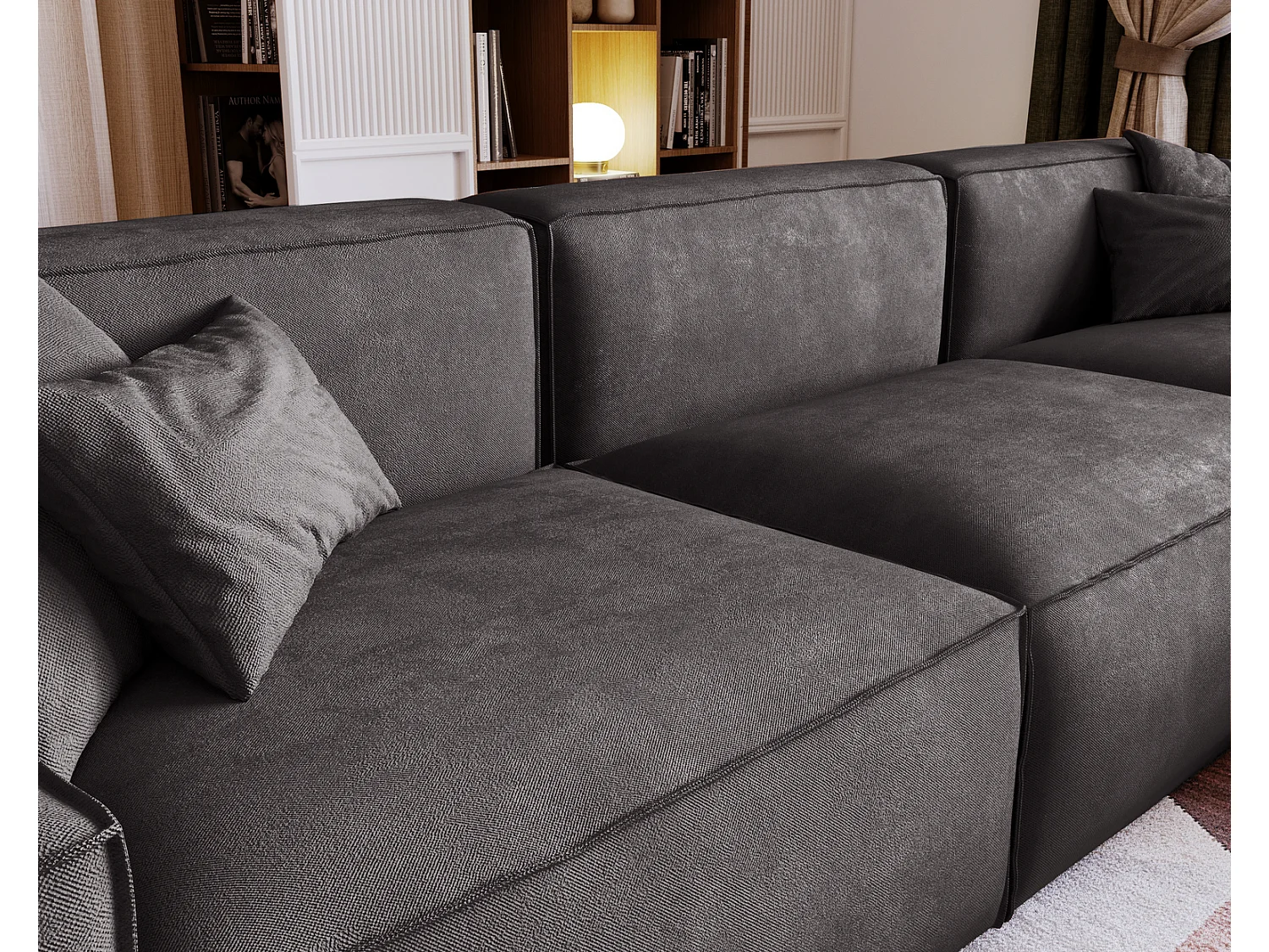 Emporius Figo rechts Hoekbank 265x180 cm, hoekbank in L-vorm, bank voor woonkamer donkergrijs (Whisper 15)