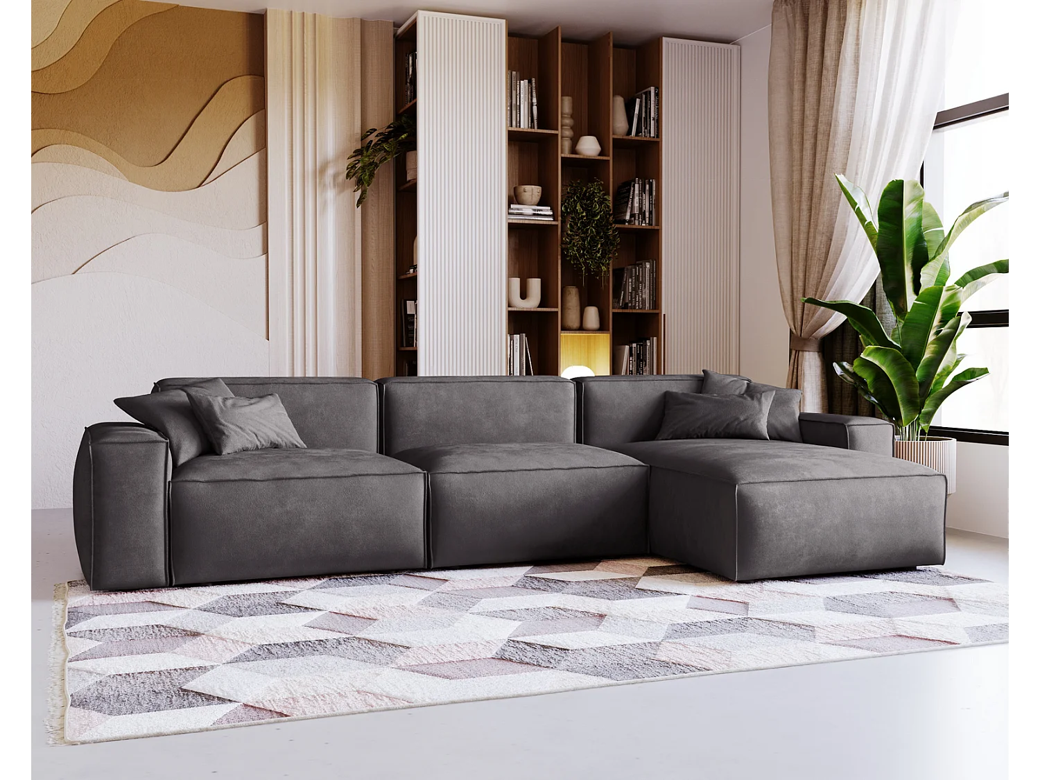 Emporius Figo Droit Canapé d'angle en Velours, Design, Modern - Canapé d'angle 265x180 cm Gris foncé (Whisper 15)