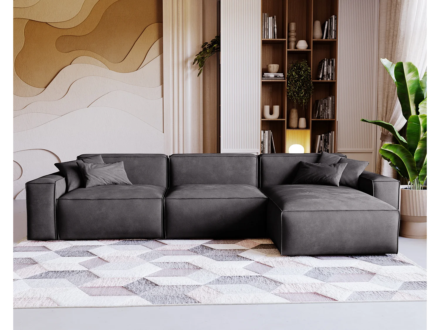 Emporius Figo Droit Canapé d'angle en Velours, Design, Modern - Canapé d'angle 265x180 cm Gris foncé (Whisper 15)