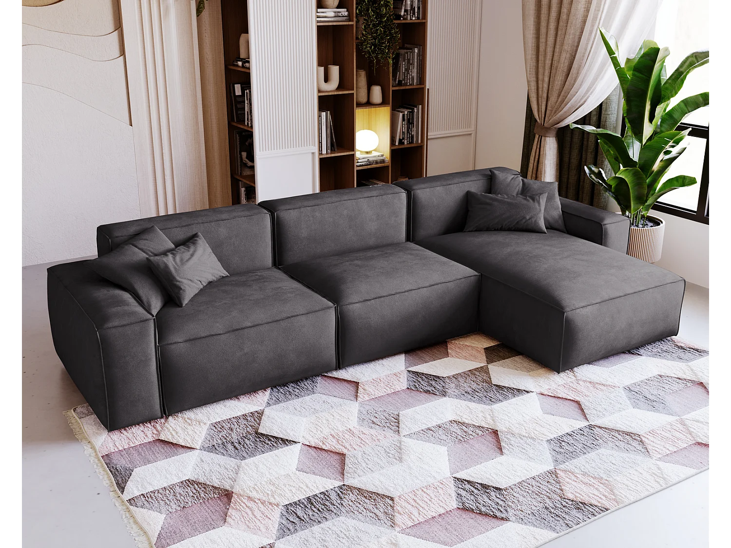 Emporius Figo Droit Canapé d'angle en Velours, Design, Modern - Canapé d'angle 265x180 cm Gris foncé (Whisper 15)