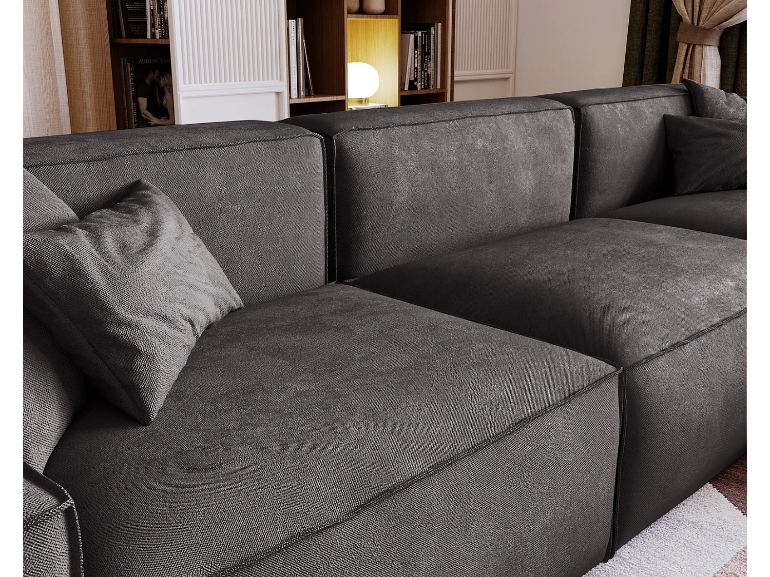 Emporius Figo Droit Canapé d'angle en Velours, Design, Modern - Canapé d'angle 265x180 cm Gris foncé (Whisper 15)