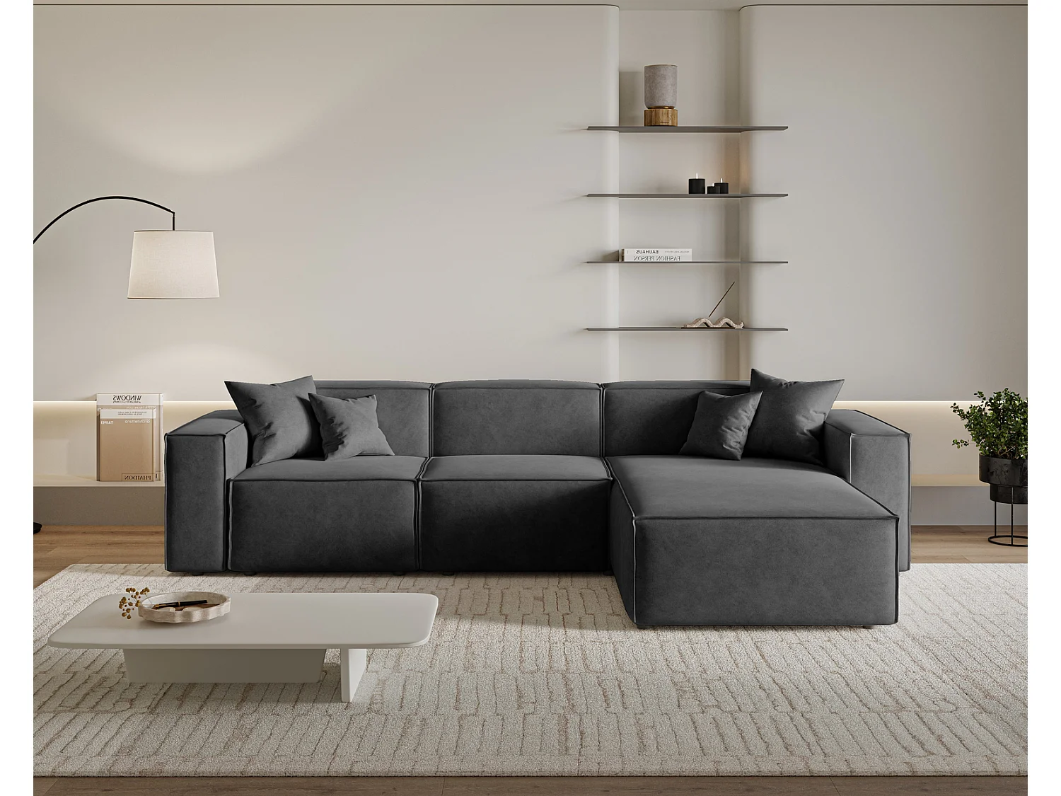 Canapé d'angle Figo, 265x180 cm, design moderne, droit, gris foncé