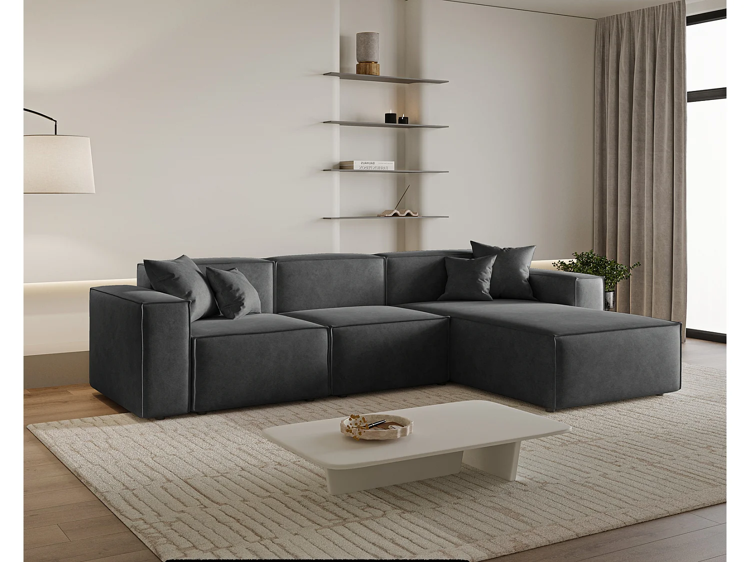 Canapé d'angle Figo, 265x180 cm, design moderne, droit, gris foncé