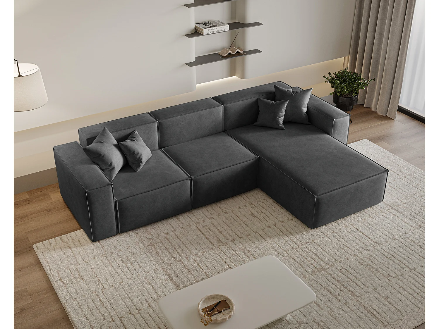 Canapé d'angle Figo, 265x180 cm, design moderne, droit, gris foncé