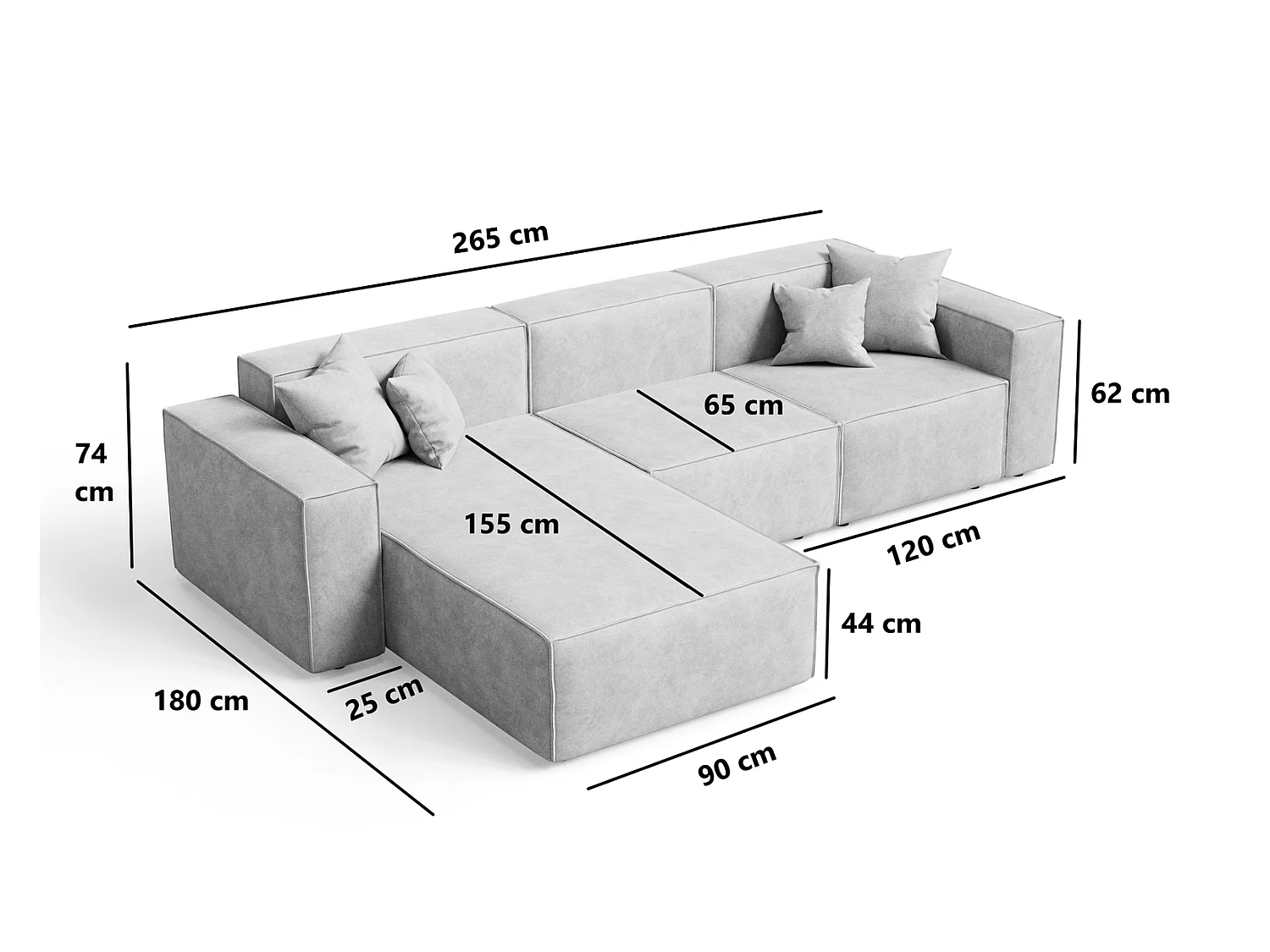 Canapé d'angle Figo, 265x180 cm, design moderne, droit, gris foncé