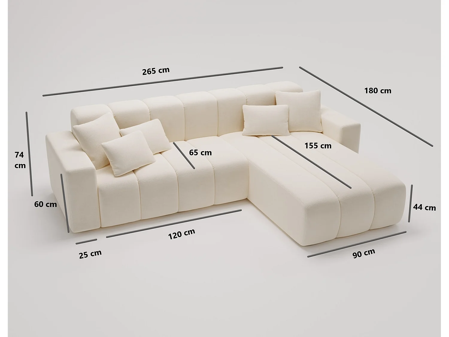 Emporius Miral rechts Hoekbank in L-vorm - sofa 265 cm, woonkamerbank, hoekbank lichtgrijs (Komodo 20)