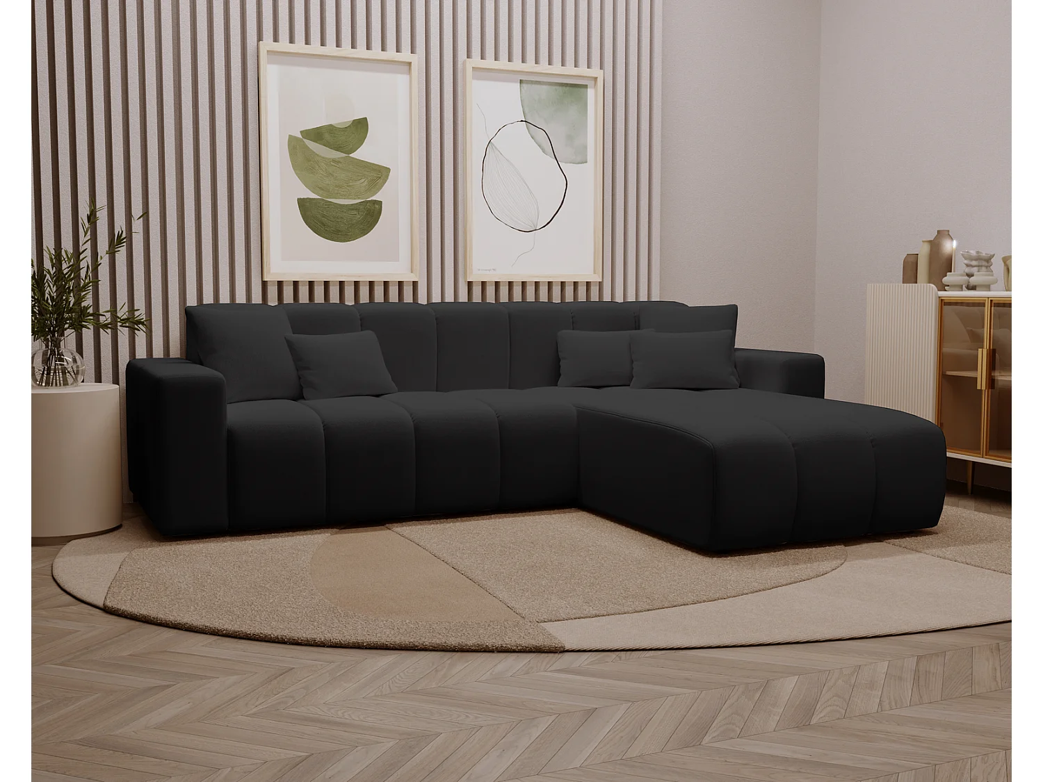 Emporius Miral narożnik w kształcie L - sofa do salonu bez funkcji spania i bez pojemnika - nowoczesny styl, prawostronny, tkanina aksamitna, czarny (Komodo 23)