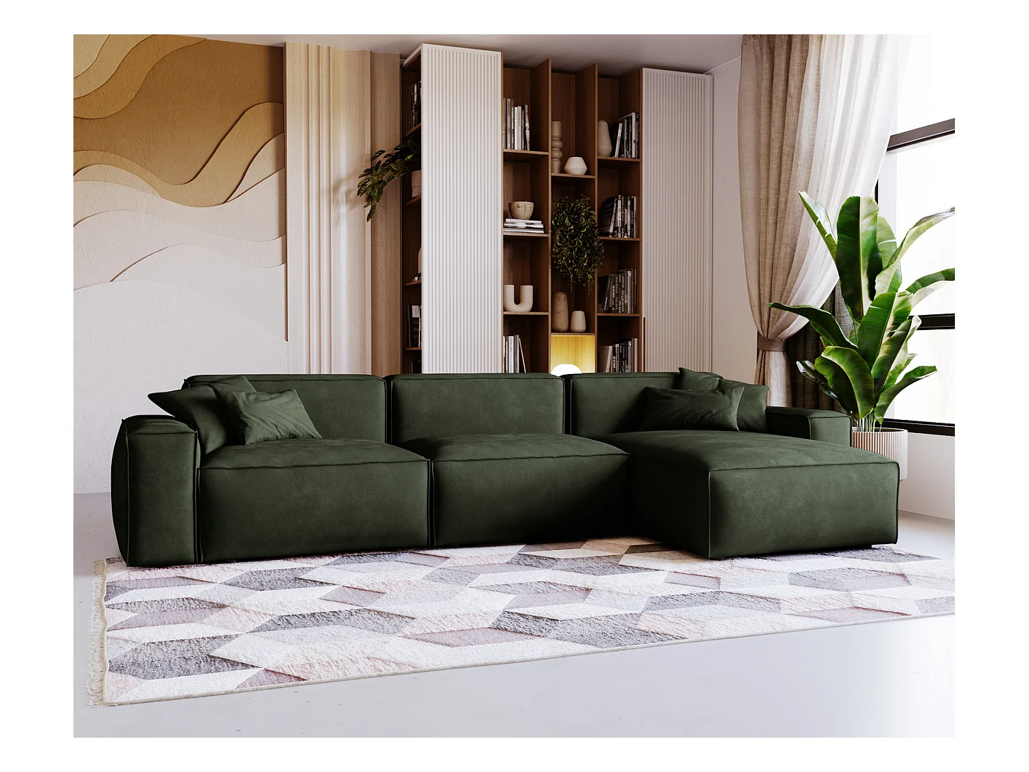 Emporius Figo Droit Canapé d'angle en Velours, Design, Modern - Canapé d'angle 265x180 cm Vert (Whisper 11)