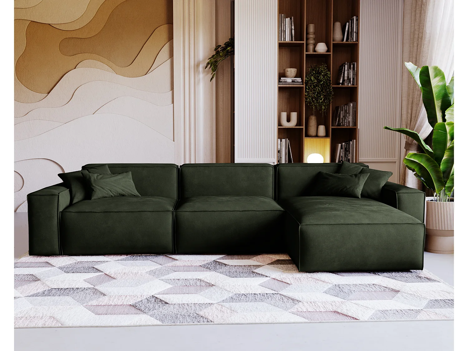 Emporius Figo Droit Canapé d'angle en Velours, Design, Modern - Canapé d'angle 265x180 cm Vert (Whisper 11)