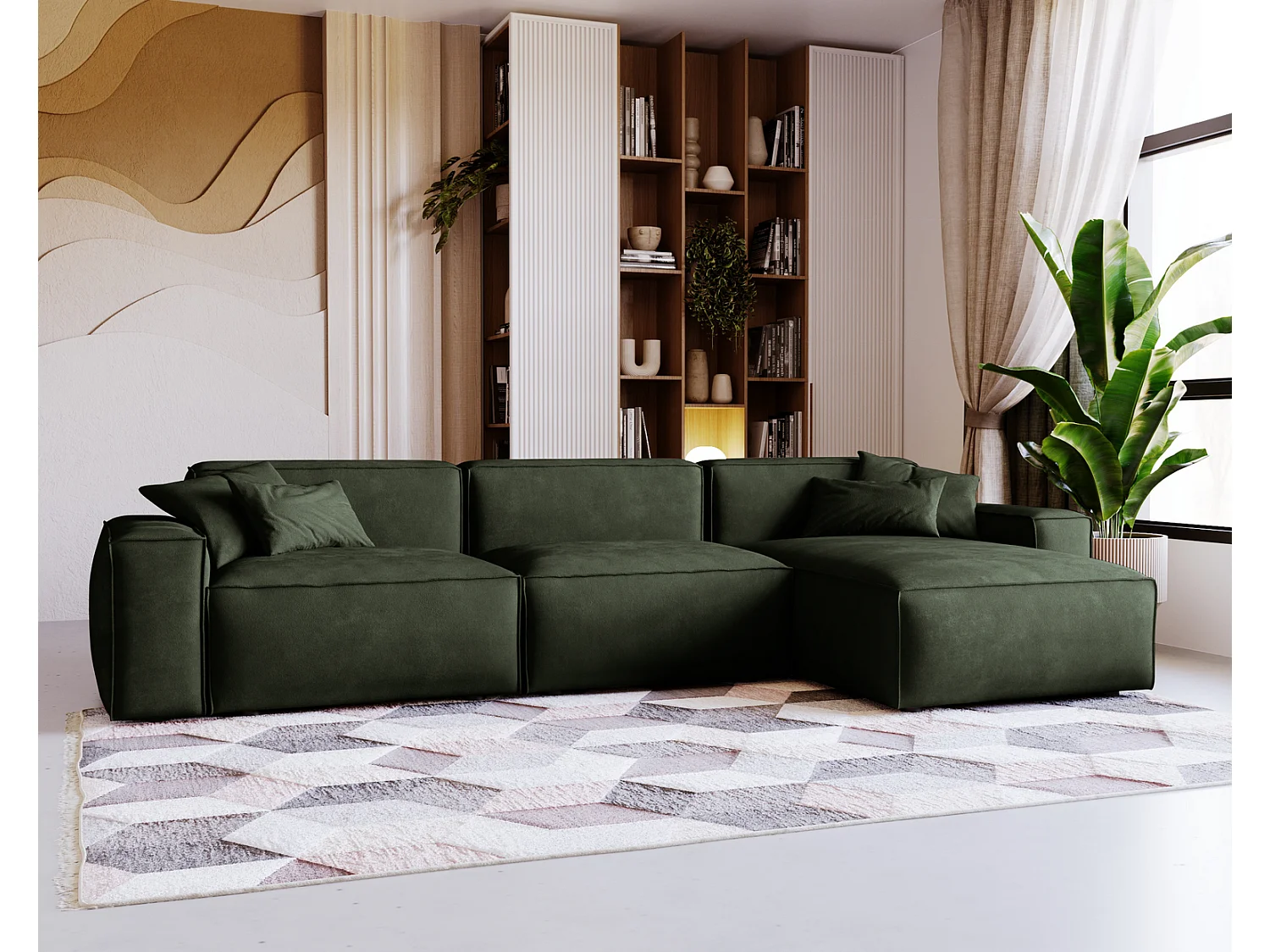 Emporius Figo Droit Canapé d'angle en Velours, Design, Modern - Canapé d'angle 265x180 cm Vert (Whisper 11)
