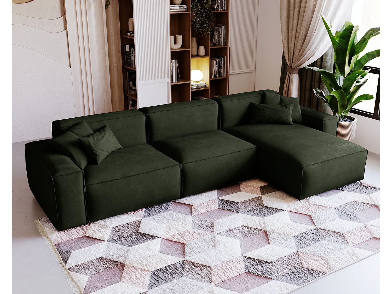 Emporius Figo Droit Canapé d'angle en Velours, Design, Modern - Canapé d'angle 265x180 cm Vert (Whisper 11)
