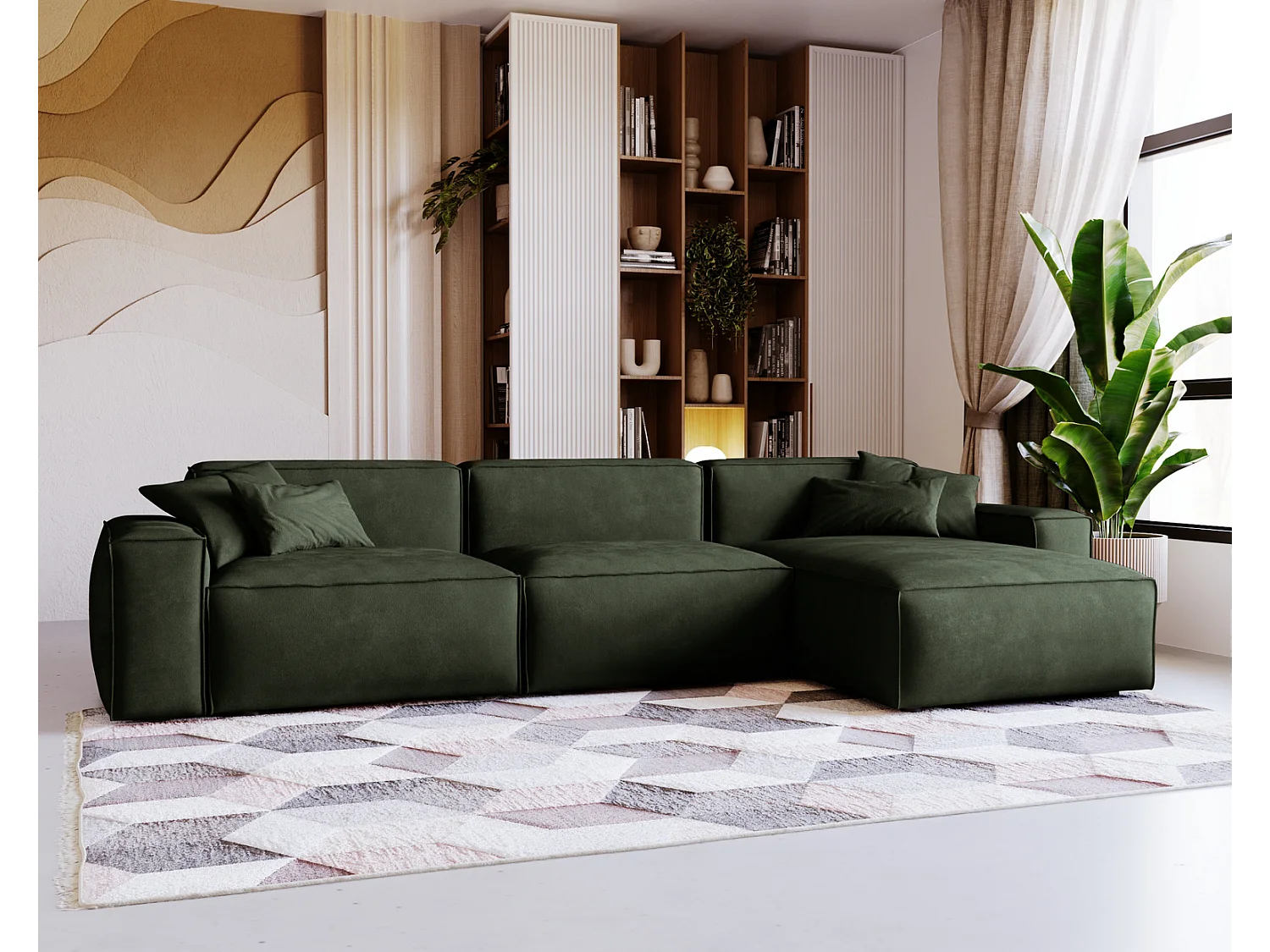Emporius Figo Droit Canapé d'angle en Velours, Design, Modern - Canapé d'angle 265x180 cm Vert (Whisper 11)