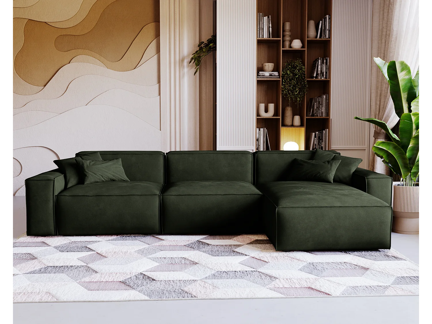 Emporius Figo Droit Canapé d'angle en Velours, Design, Modern - Canapé d'angle 265x180 cm Vert (Whisper 11)