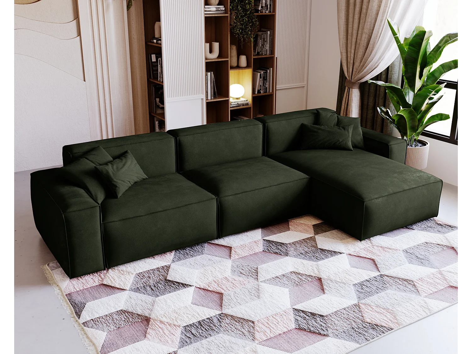 Emporius Figo Droit Canapé d'angle en Velours, Design, Modern - Canapé d'angle 265x180 cm Vert (Whisper 11)