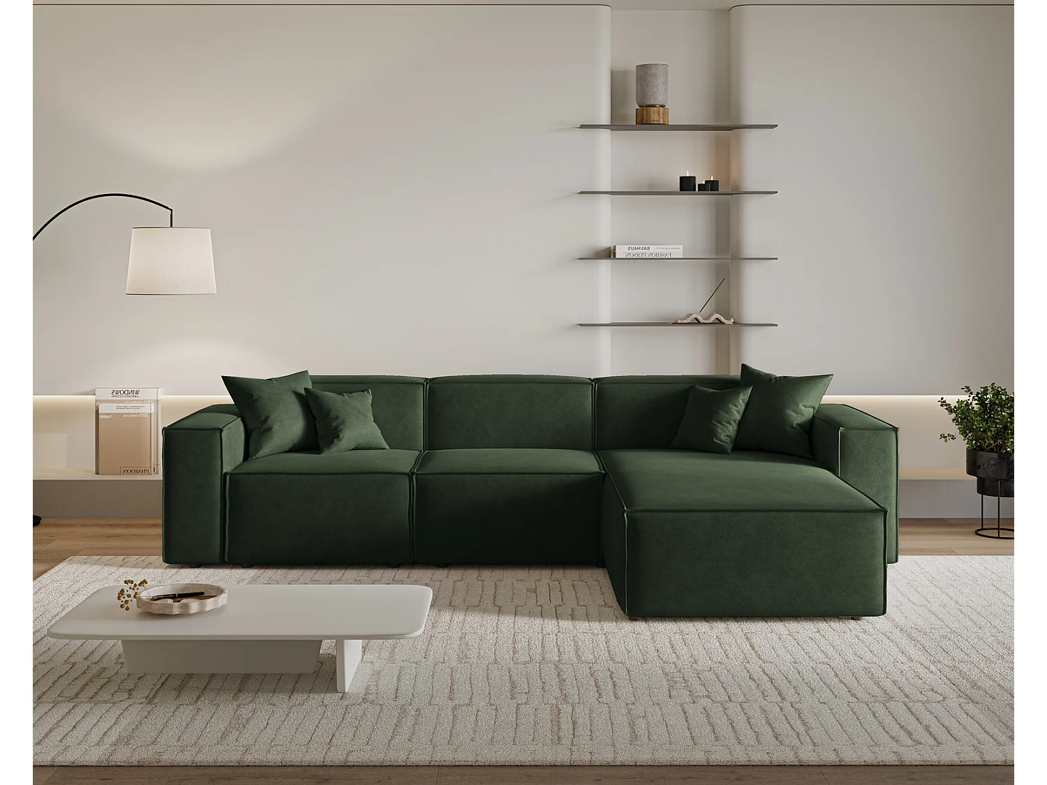 Canapé d'angle Figo, 265x180 cm, design moderne, droit, vert