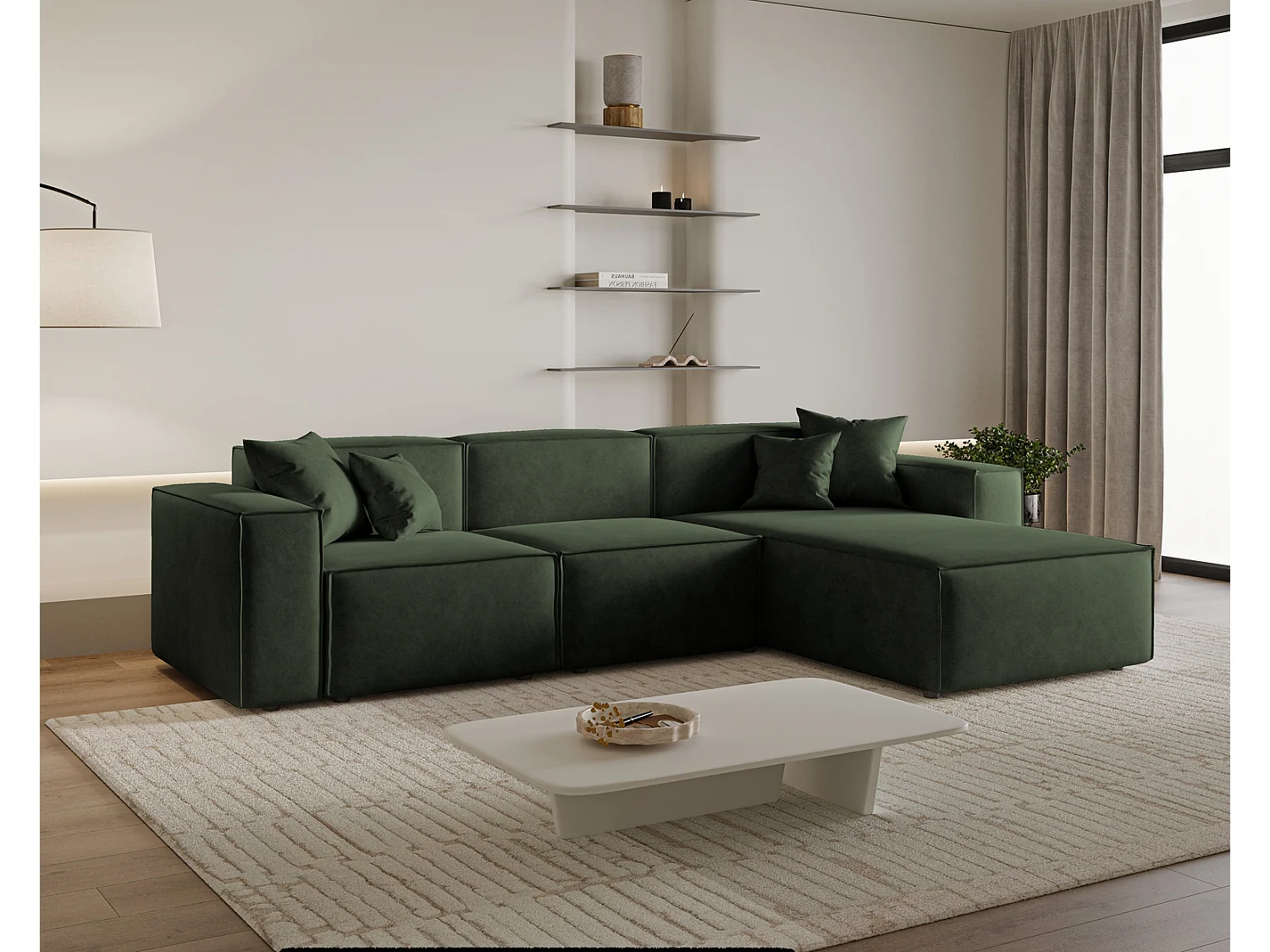 Canapé d'angle Figo, 265x180 cm, design moderne, droit, vert