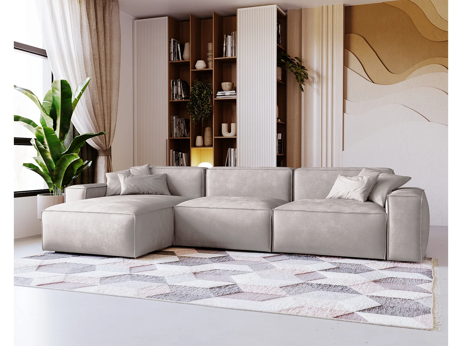 Emporius Figo Gauche Canapé d'angle en Velours, Design, Modern - Canapé d'angle 265x180 cm Gris clair (Whisper 16)