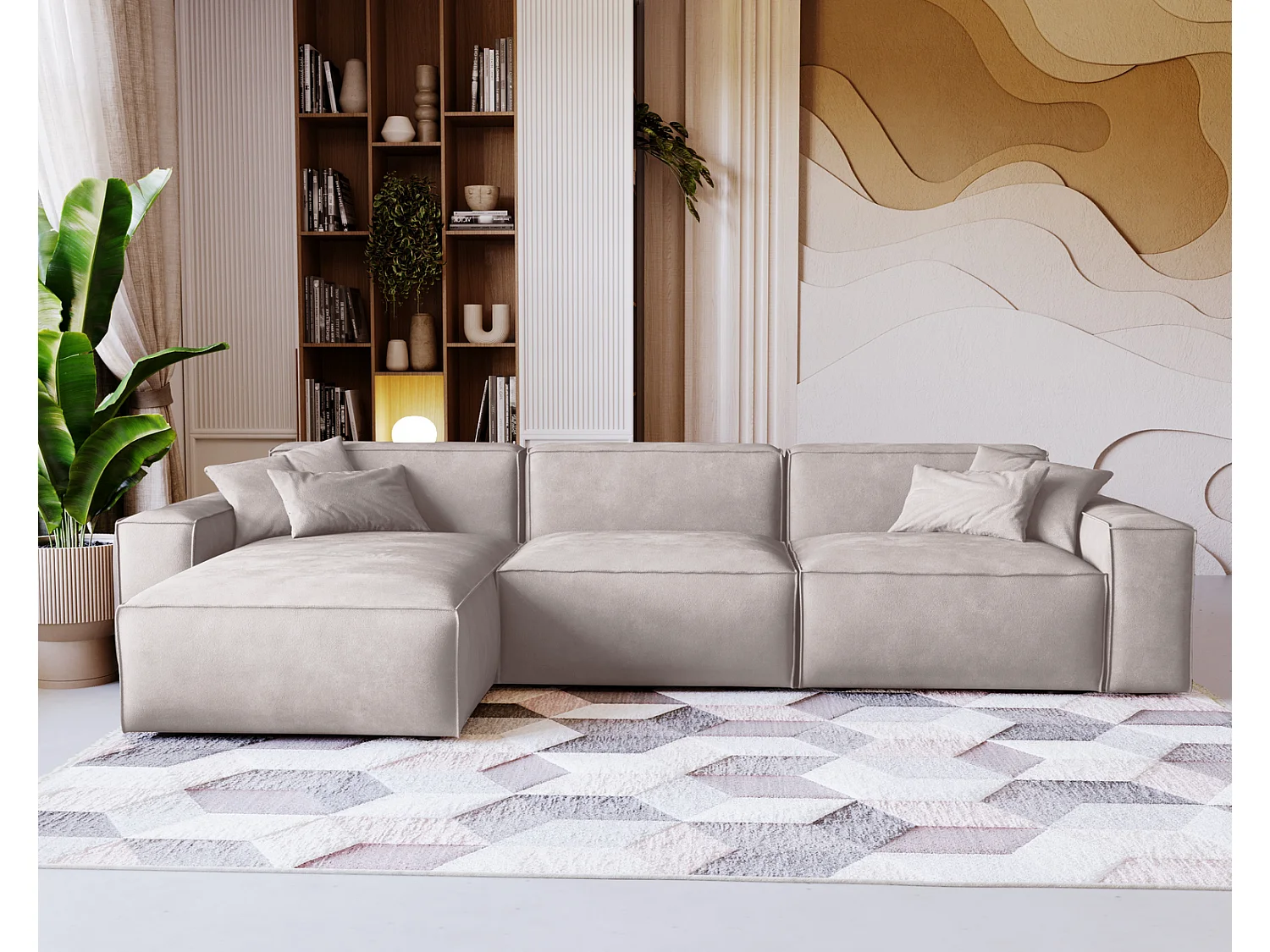 Emporius Figo Gauche Canapé d'angle en Velours, Design, Modern - Canapé d'angle 265x180 cm Gris clair (Whisper 16)