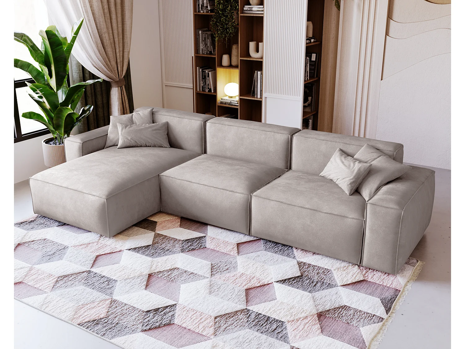 Emporius Figo Gauche Canapé d'angle en Velours, Design, Modern - Canapé d'angle 265x180 cm Gris clair (Whisper 16)