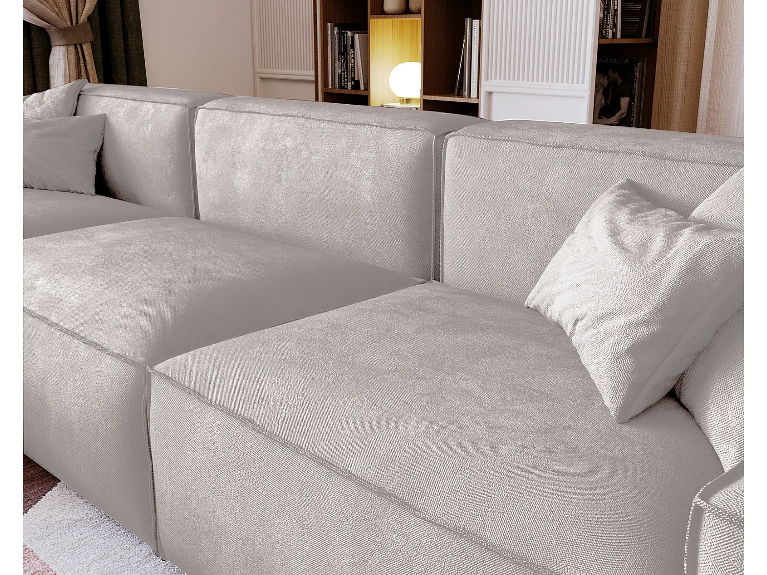 Emporius Figo Gauche Canapé d'angle en Velours, Design, Modern - Canapé d'angle 265x180 cm Gris clair (Whisper 16)